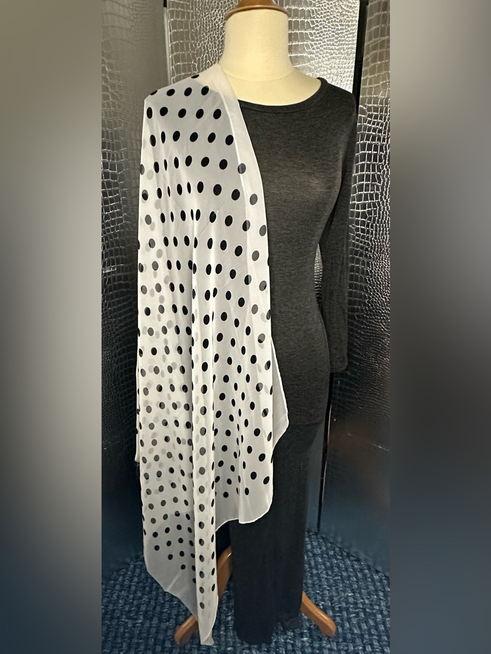 White Vintage Black Polka Dot Sheer Scarf 32 x 34